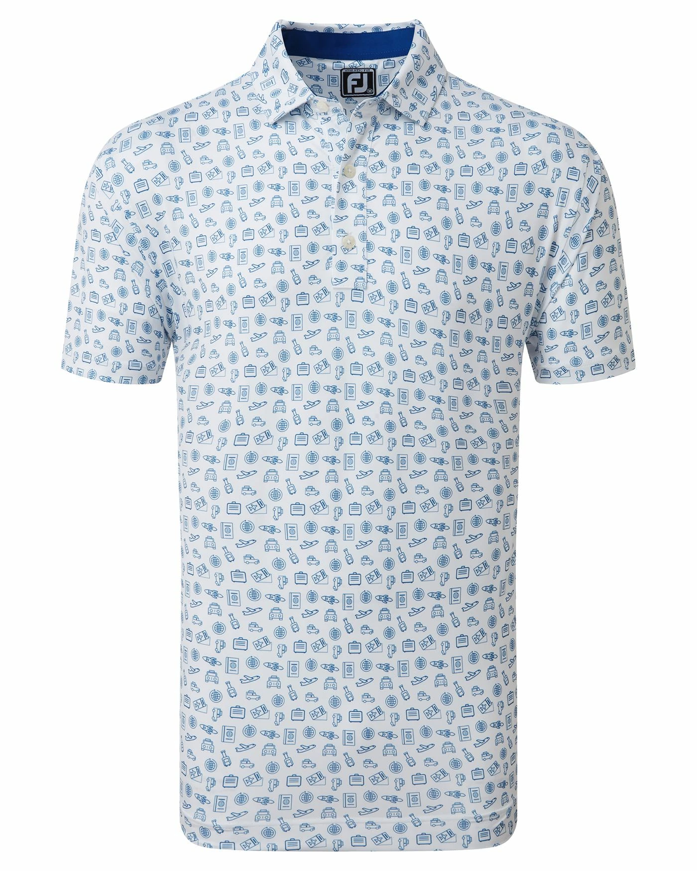 FootJoy Travel Print Lisle Pique Golf Polo SS23 In White / Twilight - Image 3